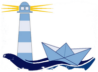 Logo - Leuchturm mit Boot in schwerer See
